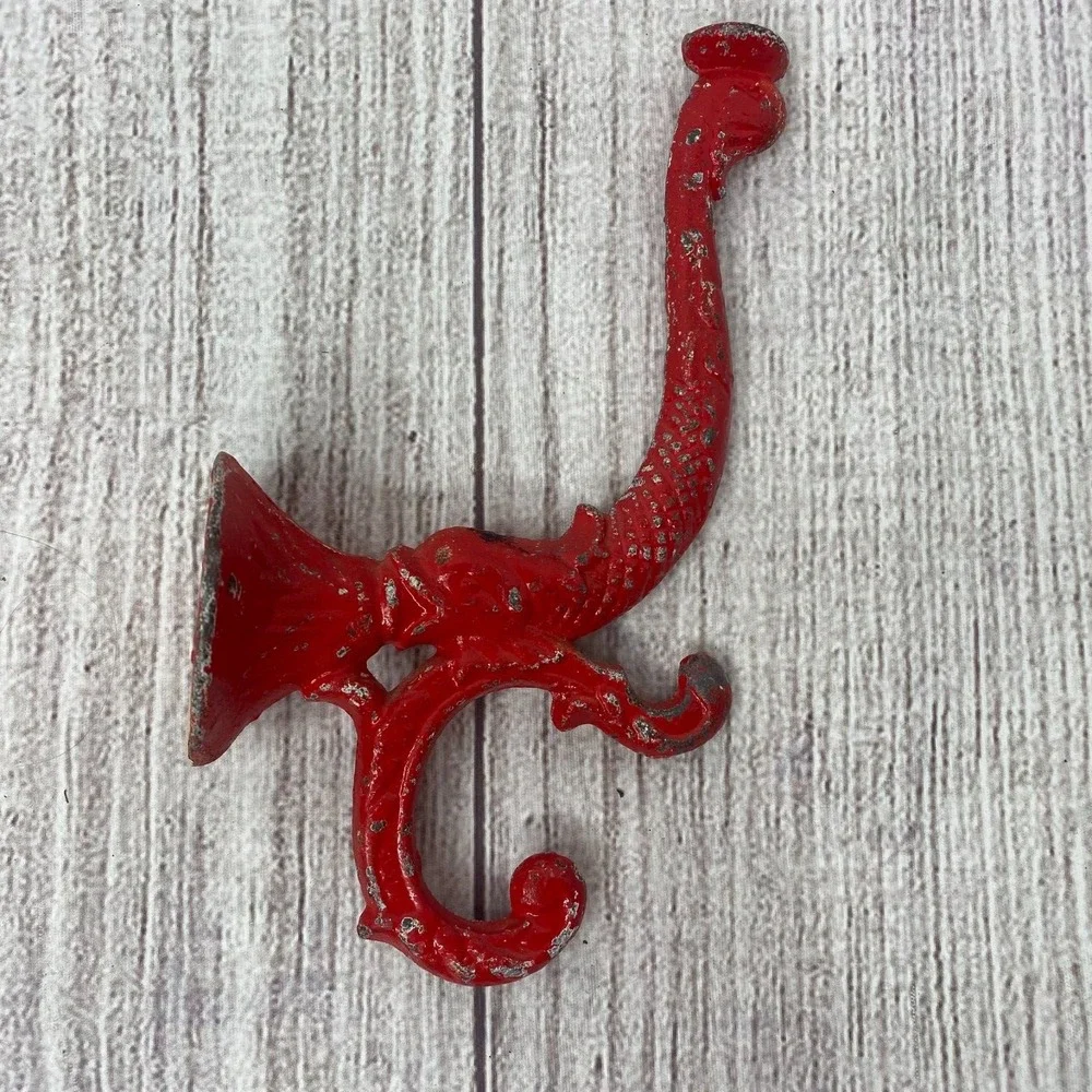 Antique Victorian Cast Iron Red Koi Fish Hat Coat Entryway Hook Nautical